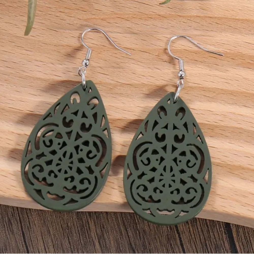 Green Wood Dangle Earrings